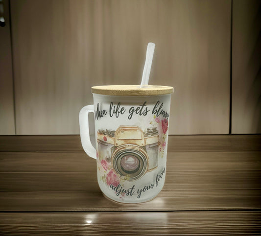 17 oz Glass Coffee Frosted Mug - "When Life Gets Blurry, Adjust Your Focus"