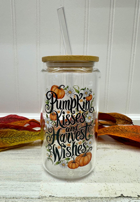 Pumpkin Kisses Harvest Wishes Glass Tumbler
